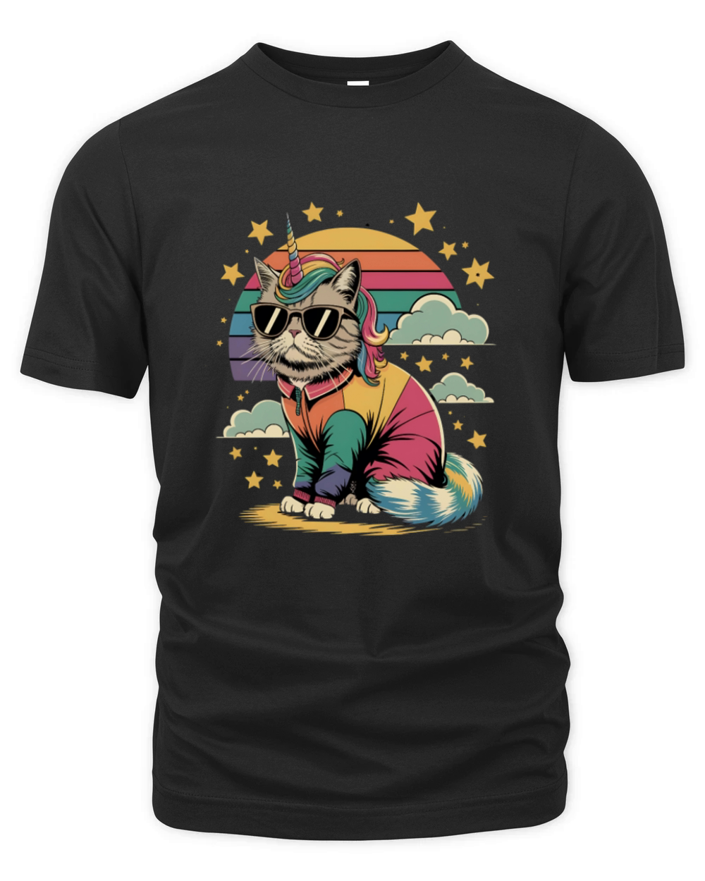 Dramatic Unicorn Cat in Sunglasses Relaxing Organic Unisex T-shirt