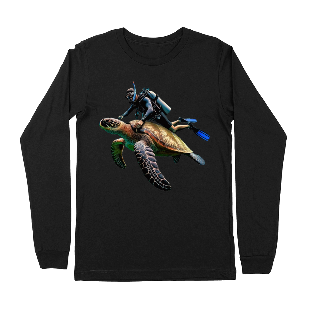 SCUBA Diving Diver Swimming with a Big Turtle URM Premium Long Sleeve