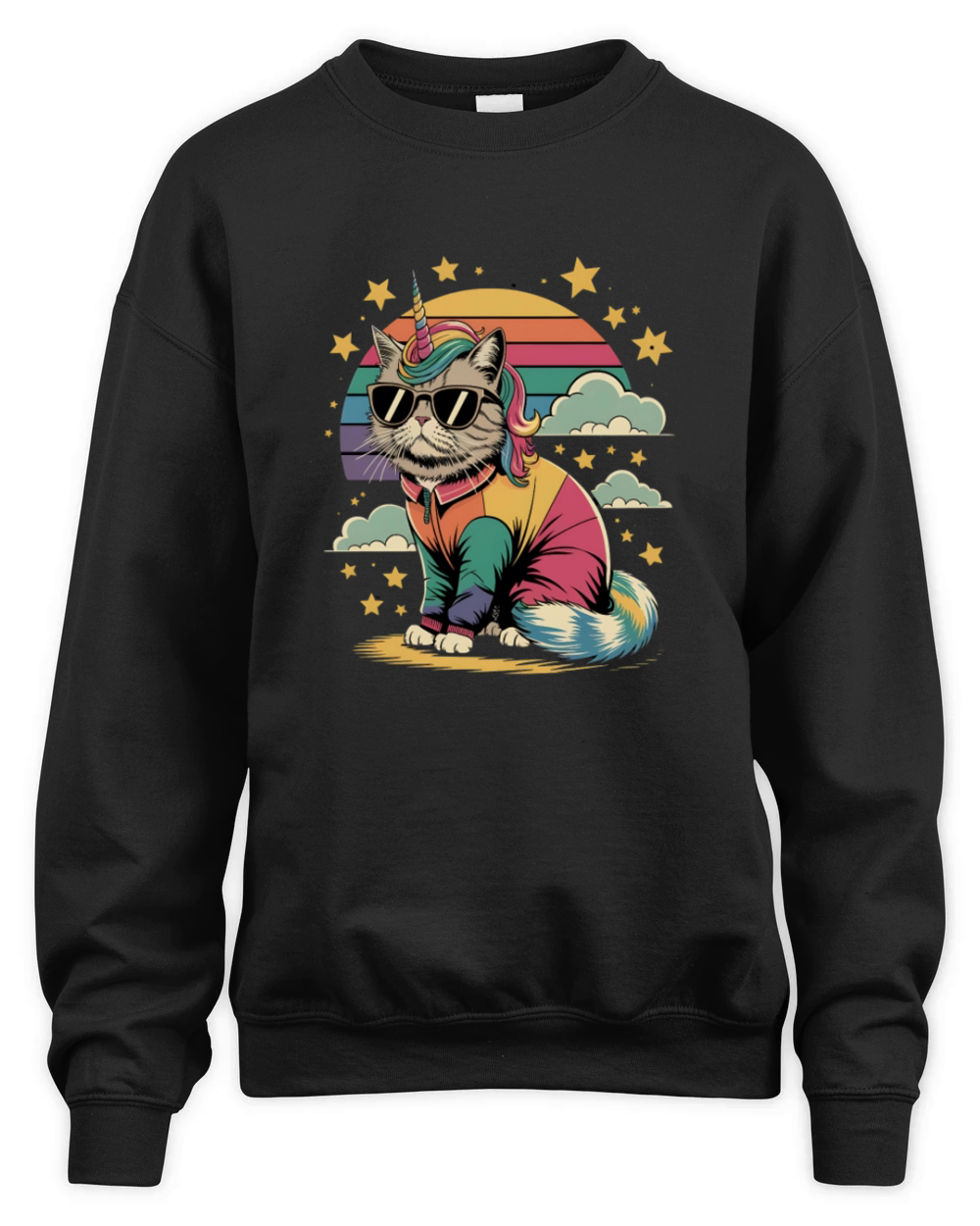 Dramatic Unicorn Cat in Sunglasses Relaxing Unisex Premium Crewneck Sweatshirt