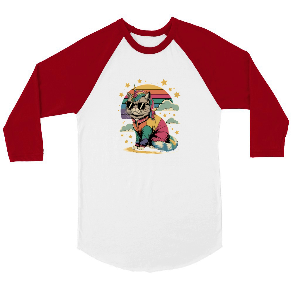 Dramatic Unicorn Cat in Sunglasses Relaxing Unisex ¾ sleeve Raglan T-shirt