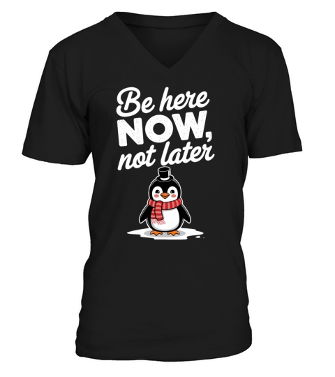 Be Here Now Mindfulness Penguin Message V-Neck T-shirt
