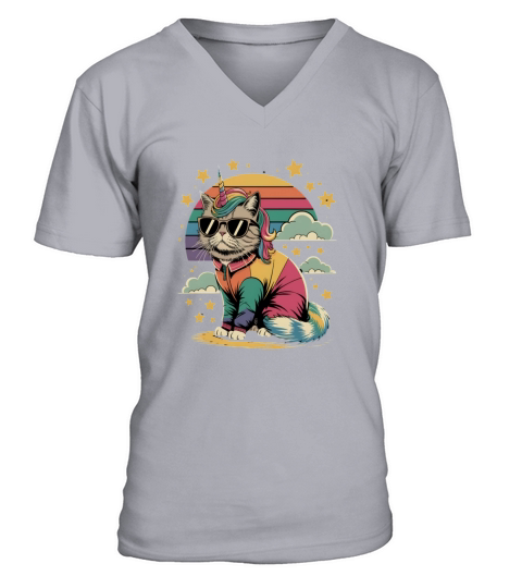 Dramatic Unicorn Cat in Sunglasses Relaxing V-Neck T-shirt