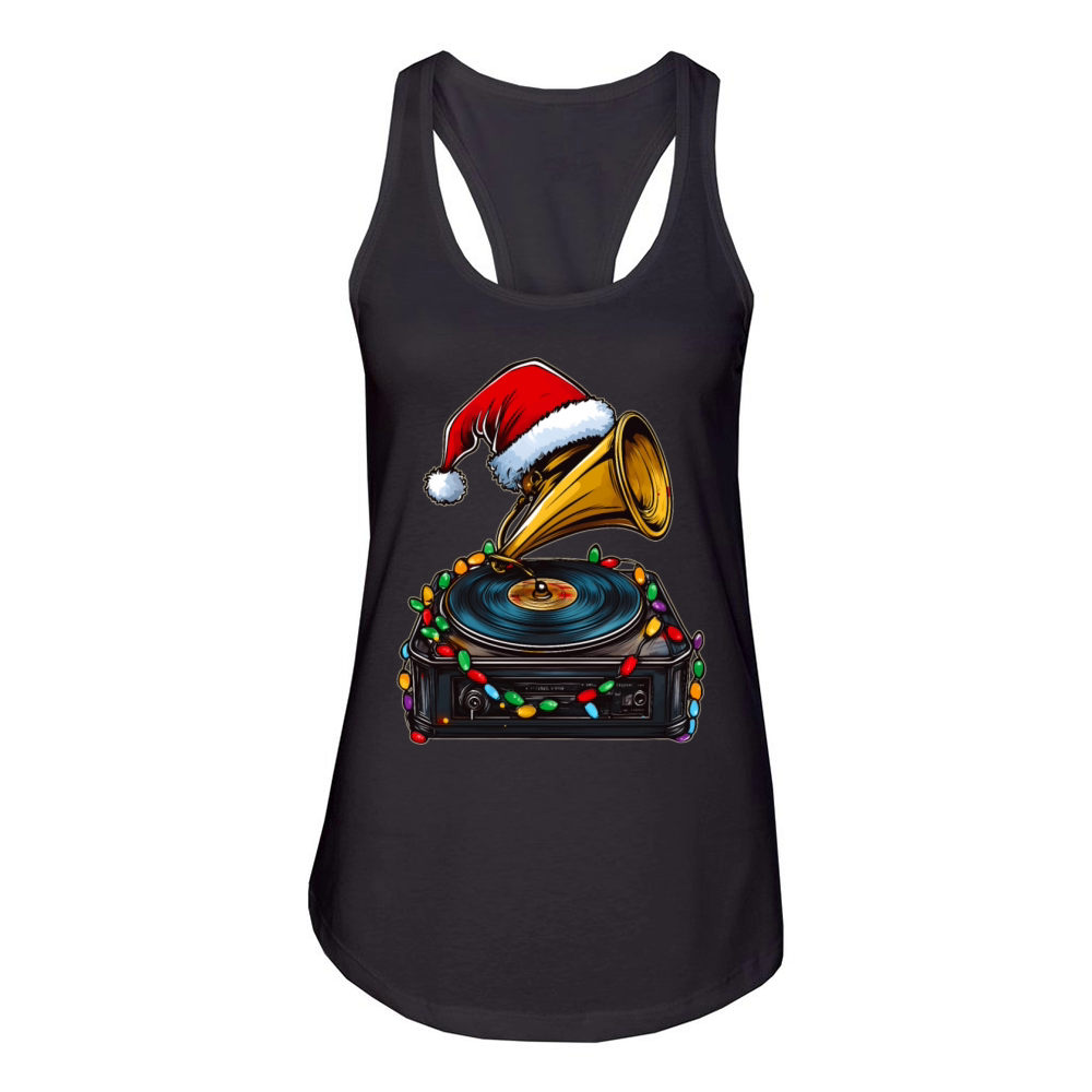 Gramophon Vintage Vinyl Turntable Christmas Hat Women's Racerback Tank