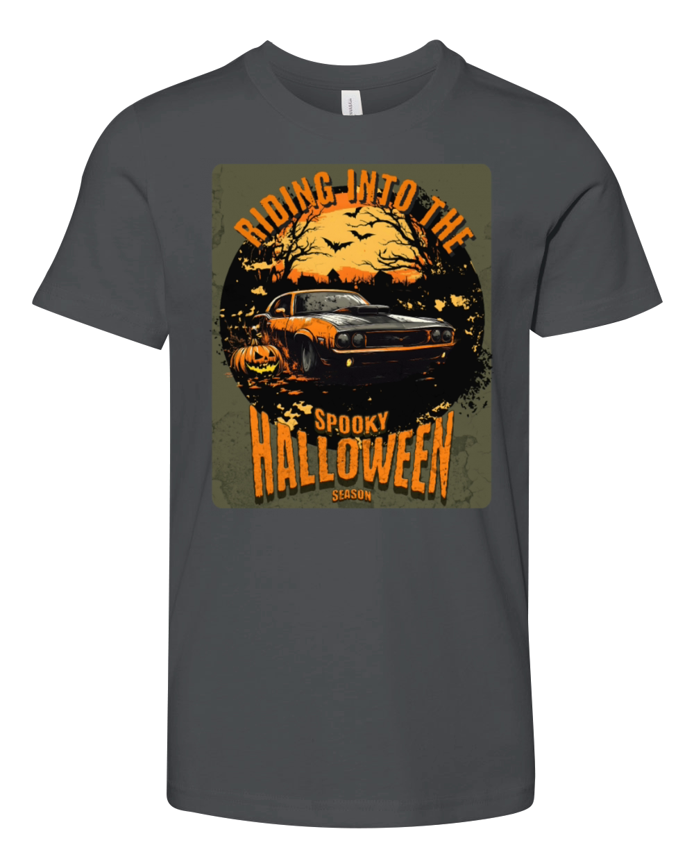 Riding Into the Spooky HalloweenSeason Vintage Car Youth Unisex Jersey Tee