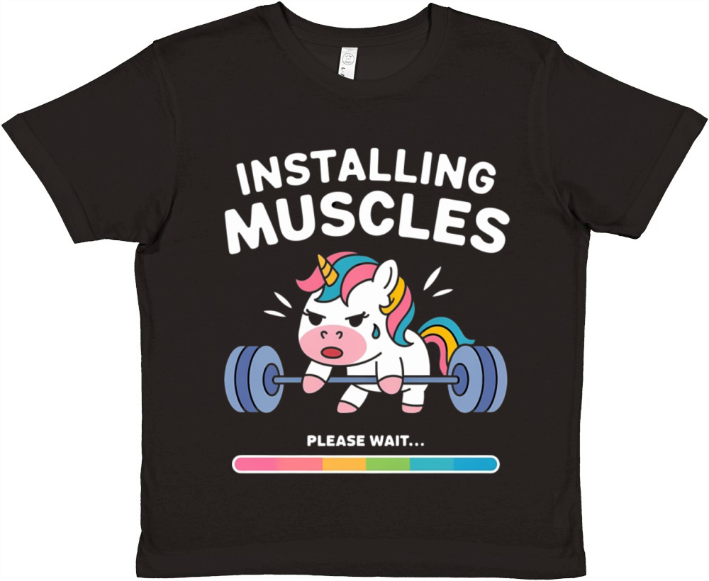 Installing Muscles Unicorn - Funny Gym Premium Kids Crewneck T-shirt