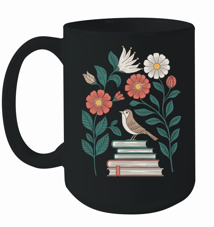 Cottagecore Bird on Books with Flowers Delight Ceramic Mug