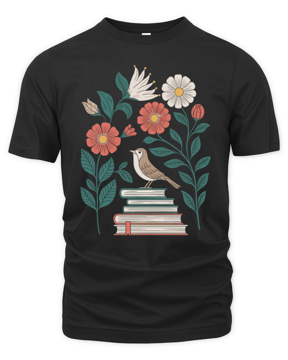Cottagecore Bird on Books with Flowers Delight Organic Unisex T-shirt