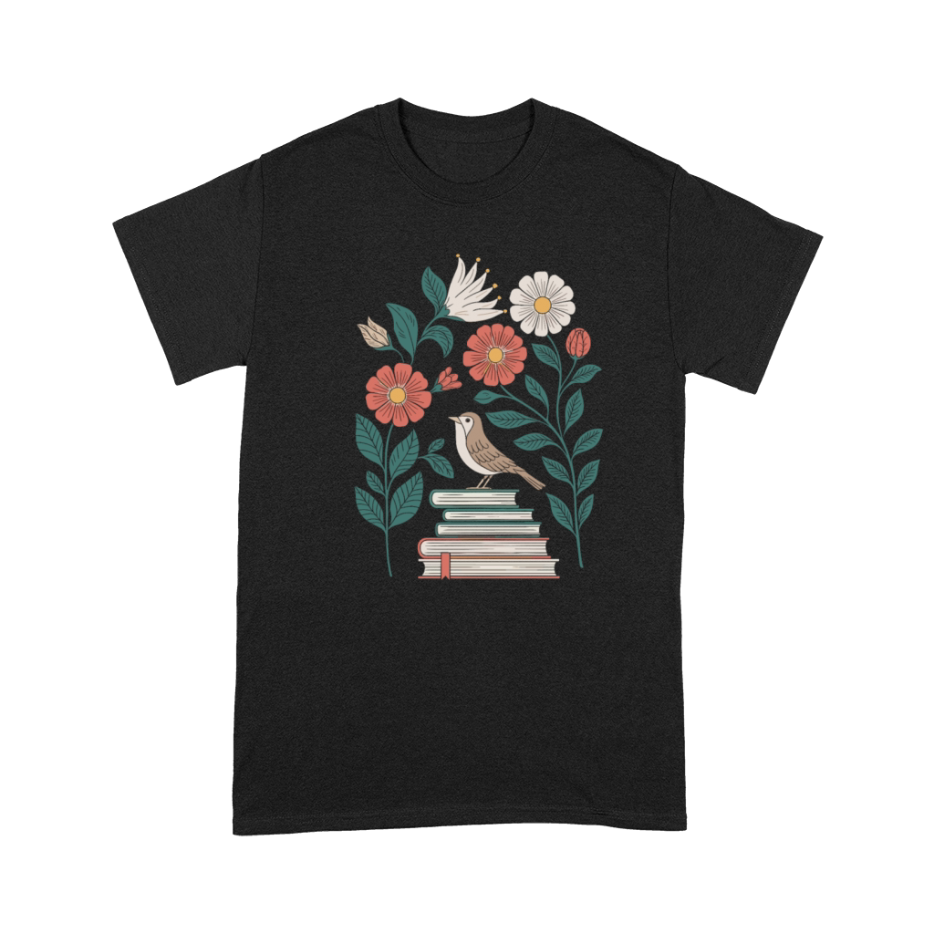 Cottagecore Bird on Books with Flowers Delight Premium T-shirt