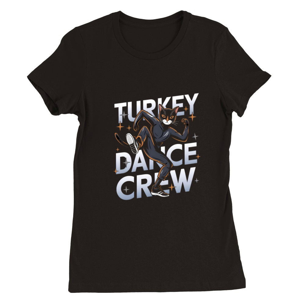 Playful Turkey Parade with Black Cats Illustration Premium Womens Crewneck T-shirt