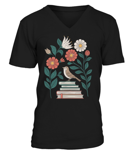 Cottagecore Bird on Books with Flowers Delight V-Neck T-shirt