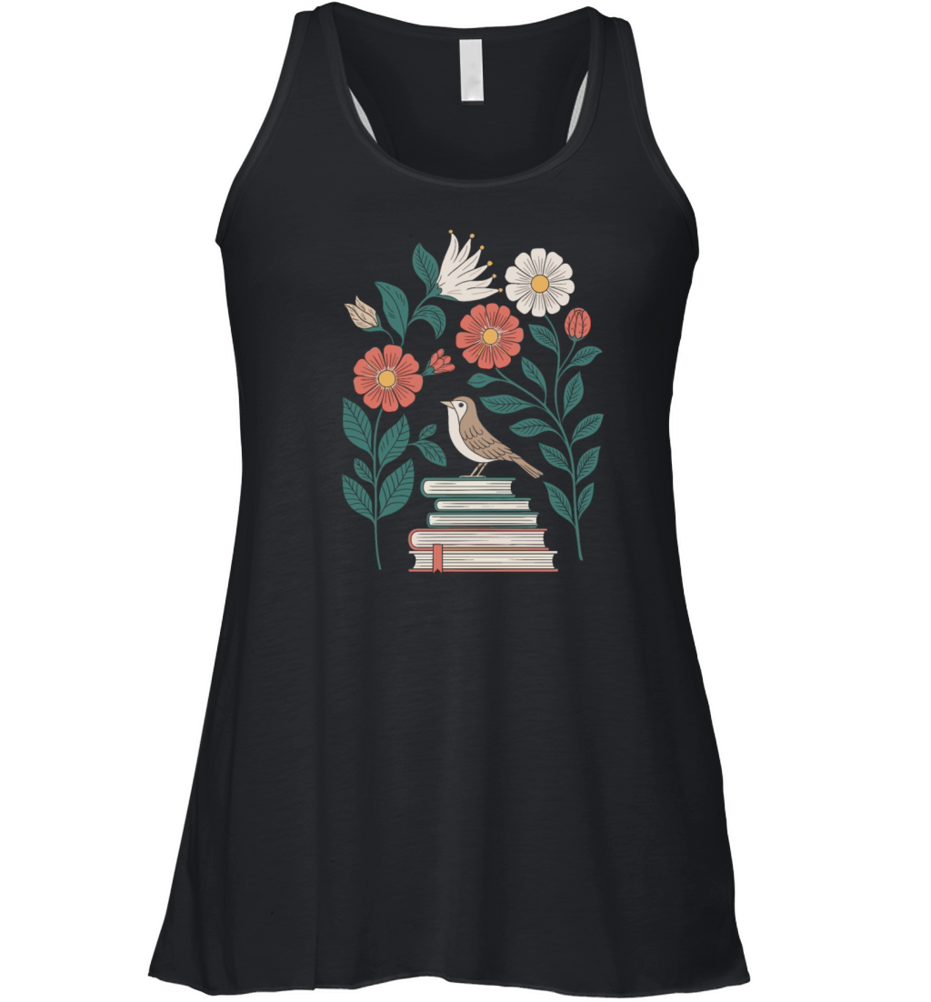 Cottagecore Bird on Books with Flowers Delight Women's Flowy Tank Top