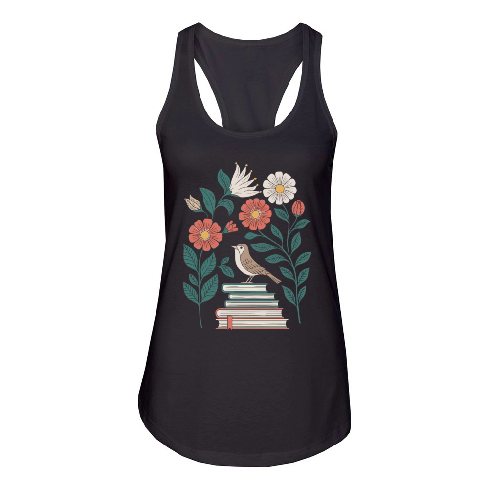 Cottagecore Bird on Books with Flowers Delight Women's Racerback Tank