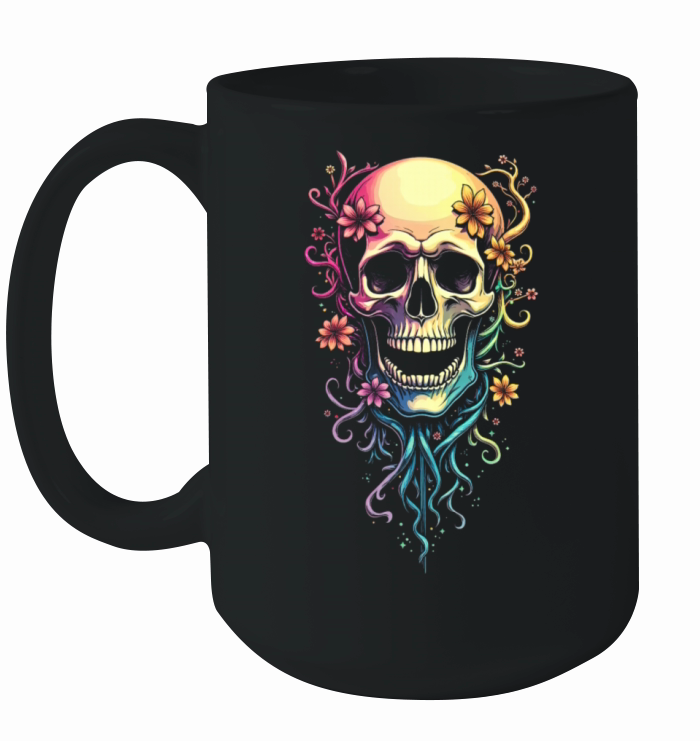 Colorful Skull Flowers Illustration Ceramic Mug