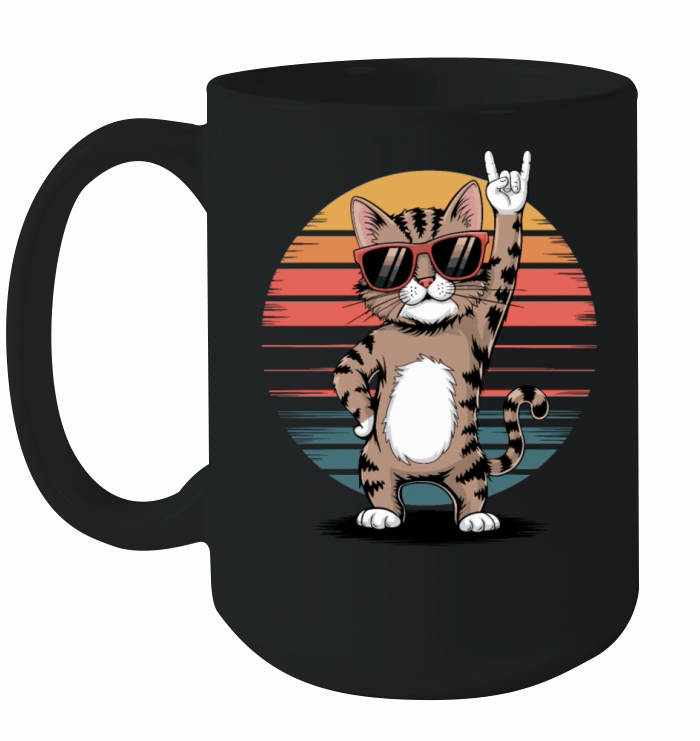 rocking cat With Sunglasses and Retro Sunset Ceramic Mug