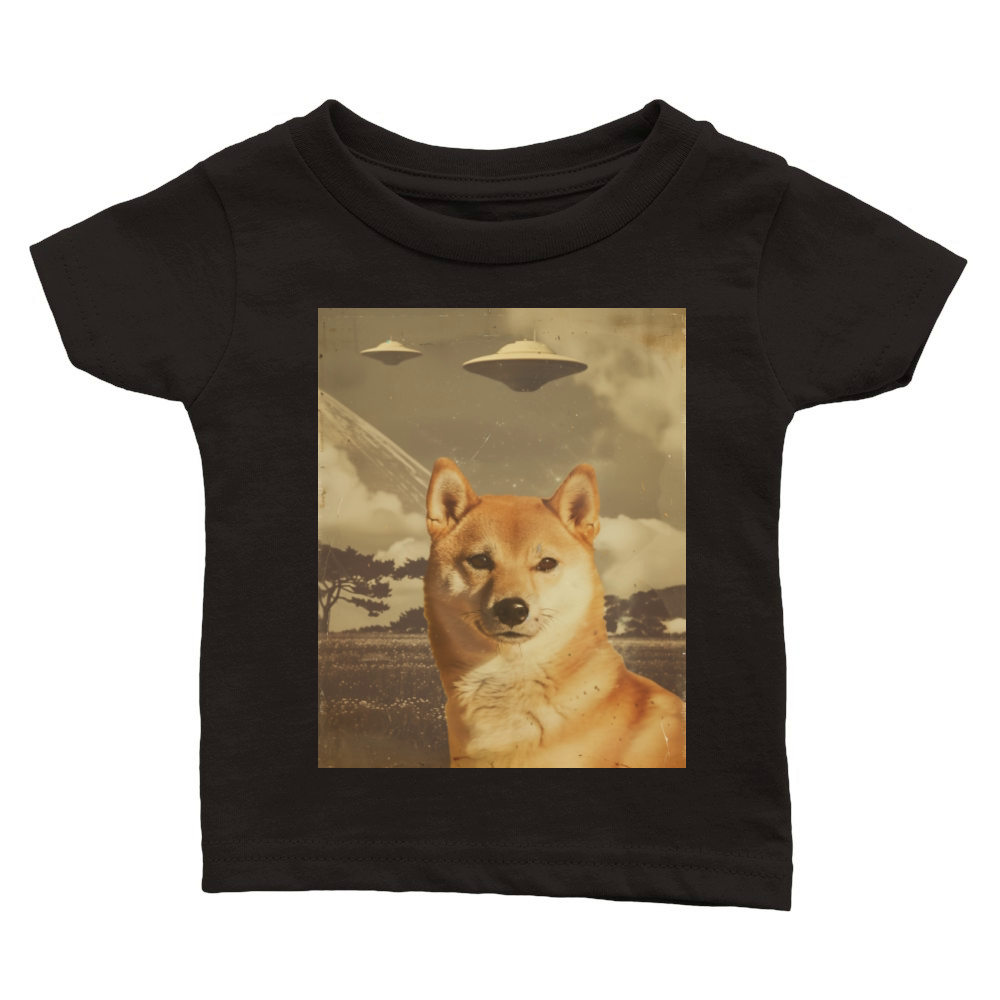 Funny Shiba Inu Dog Selfie with UFOs Alien Classic Baby Crewneck T-shirt