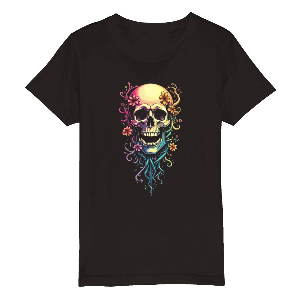 Colorful Skull Flowers Illustration Organic Kids Crewneck T-shirt