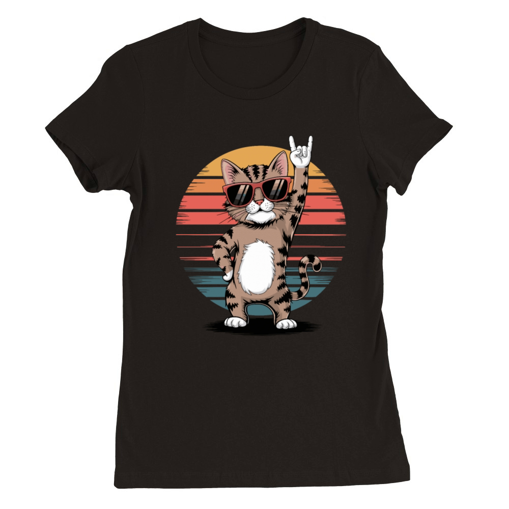 rocking cat With Sunglasses and Retro Sunset Premium Womens Crewneck T-shirt
