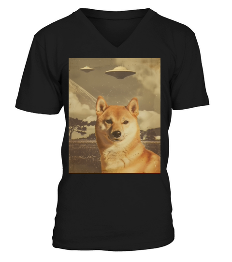 Funny Shiba Inu Dog Selfie with UFOs Alien V-Neck T-shirt