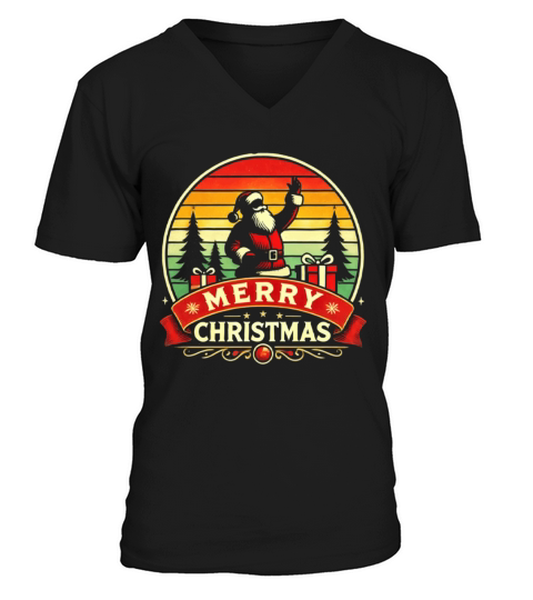 RETRO MERRY CHRISTMAS SANTA CLAUS V-Neck T-shirt
