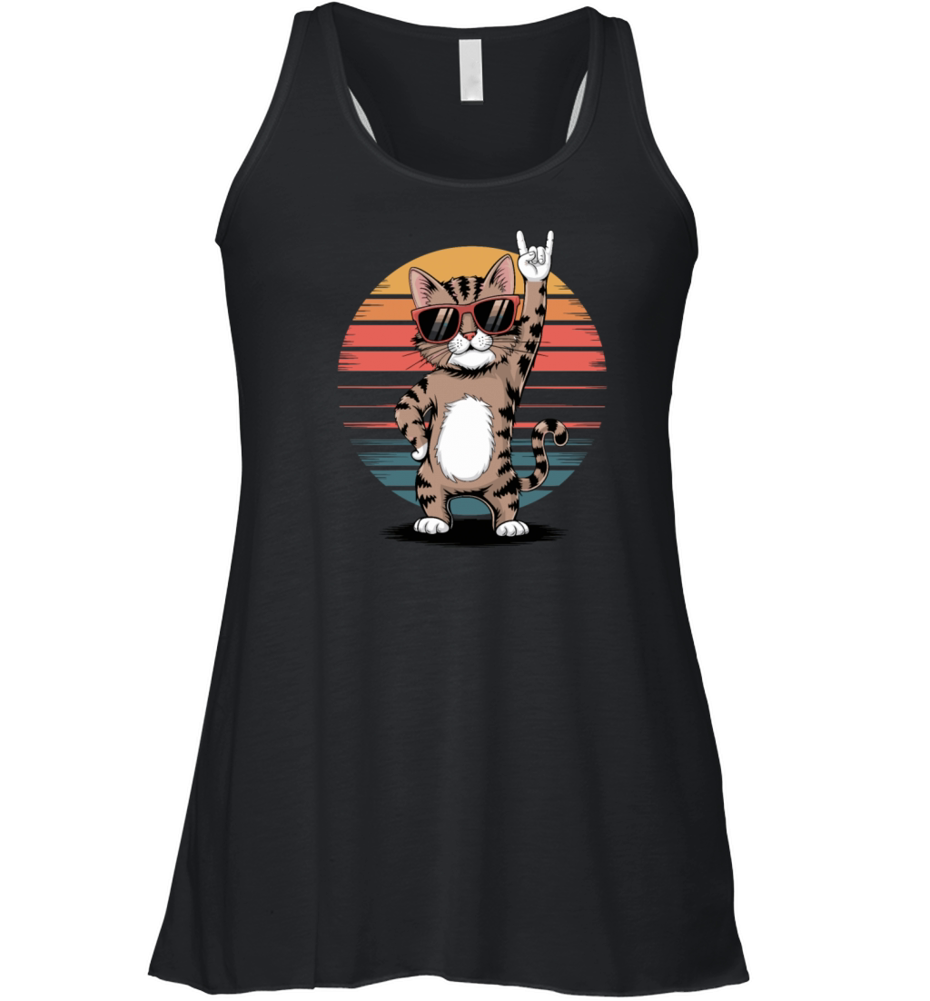 rocking cat With Sunglasses and Retro Sunset Women's Flowy Tank Top