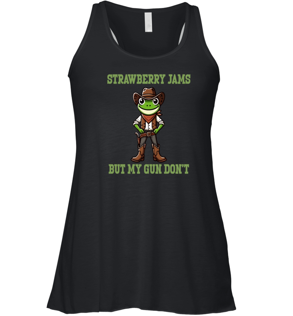 Strawberry Jams But My Gun Don’t Funny Cowboy Frog Women's Flowy Tank Top