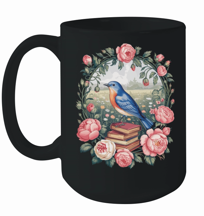 Cottagecore Bird with Books and Roses Ceramic Mug