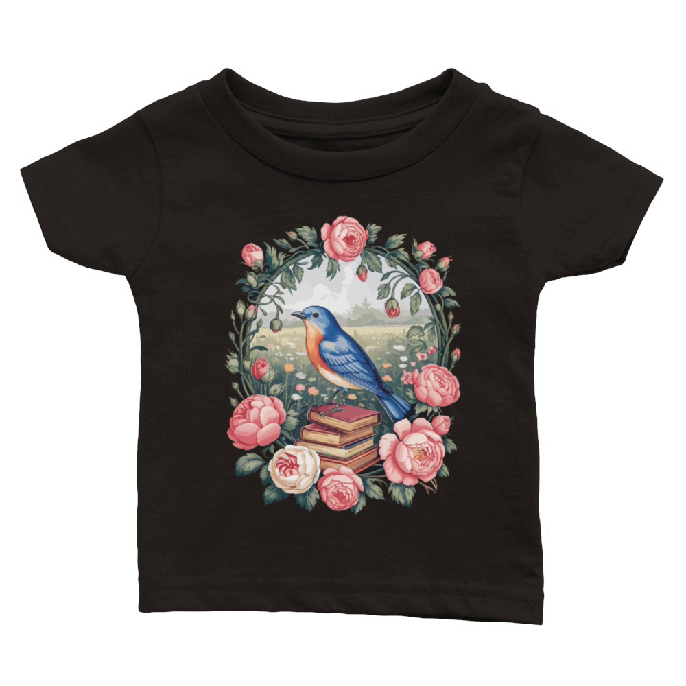 Cottagecore Bird with Books and Roses Classic Baby Crewneck T-shirt