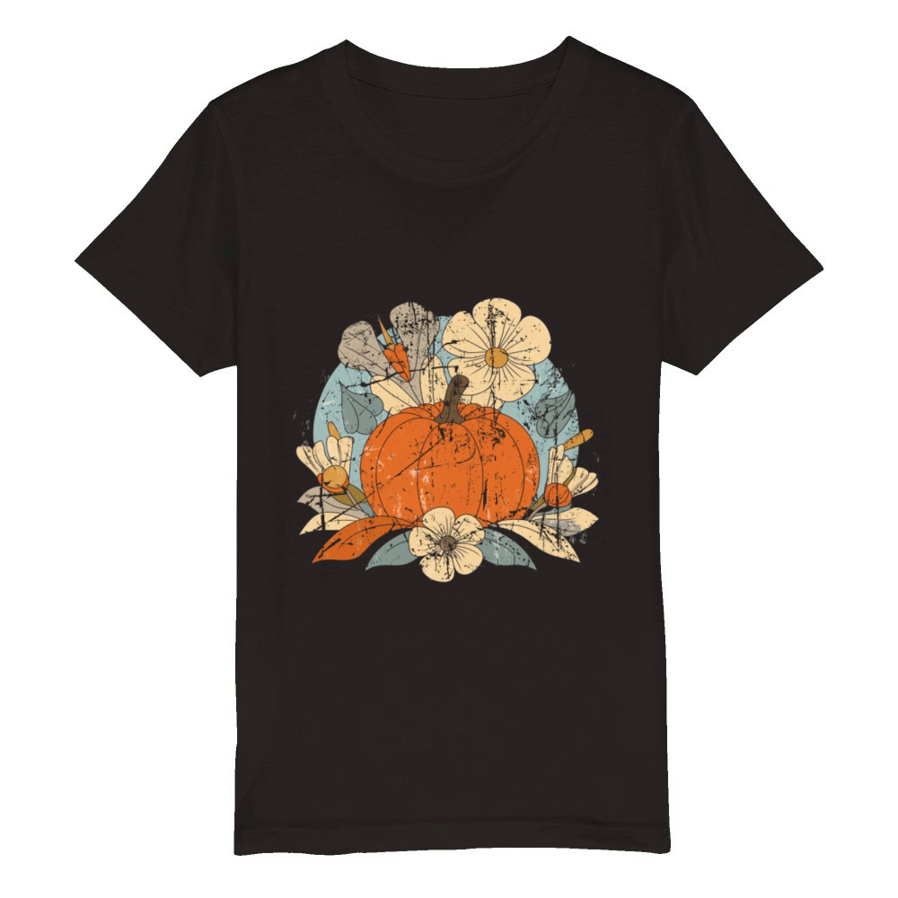 Pumpkin with Flowers Boho Floral Thanksgiving Organic Kids Crewneck T-shirt