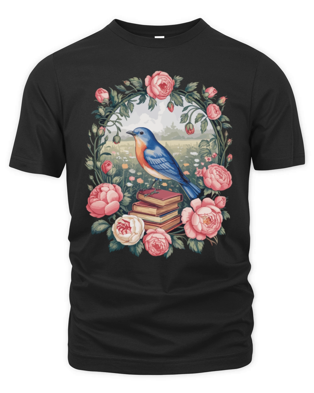 Cottagecore Bird with Books and Roses Organic Unisex T-shirt