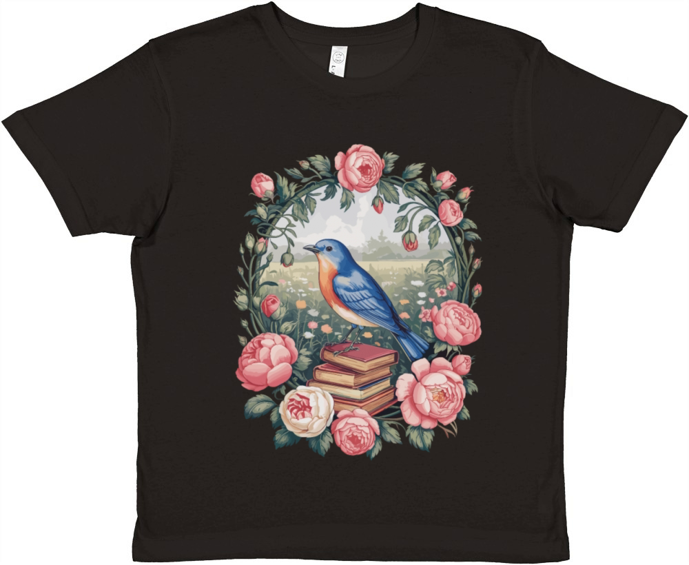 Cottagecore Bird with Books and Roses Premium Kids Crewneck T-shirt