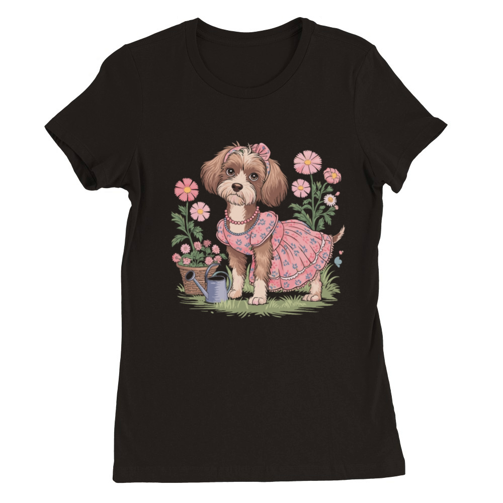 Cottagecore Puppy in Floral Dress Premium Womens Crewneck T-shirt