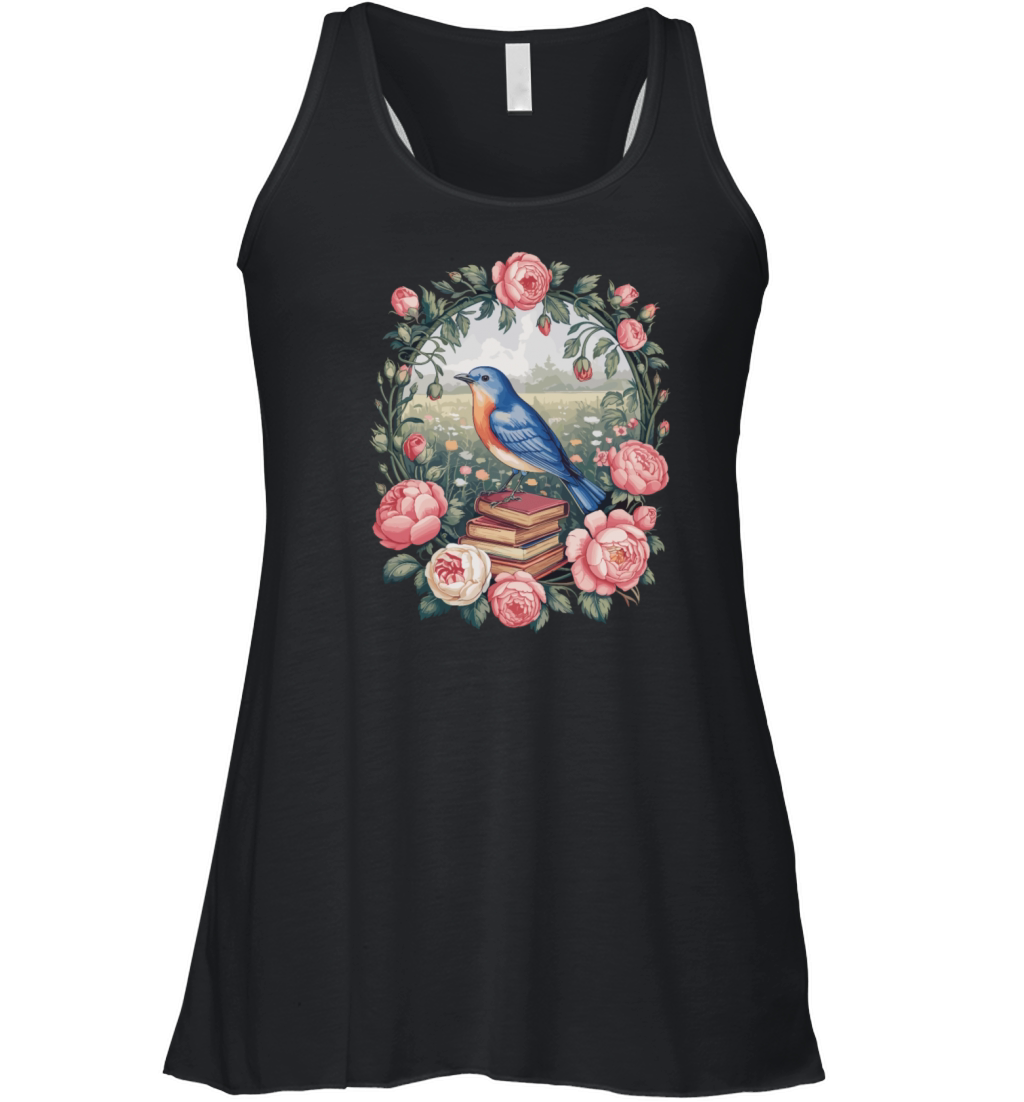 Cottagecore Bird with Books and Roses Women's Flowy Tank Top