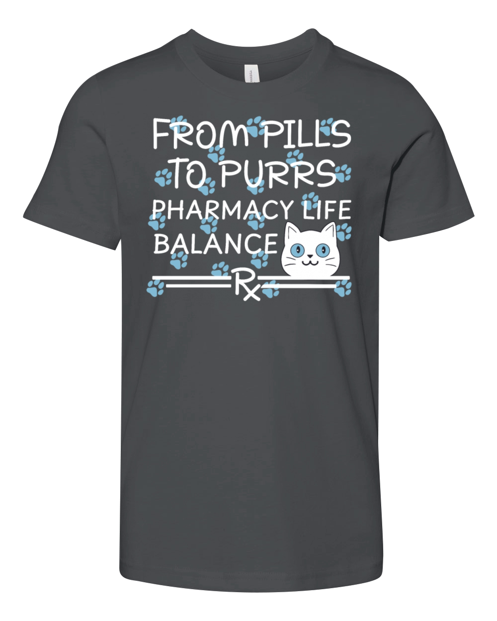 Pharmacy Cat Pills to Purrs blue-white Youth Unisex Jersey Tee