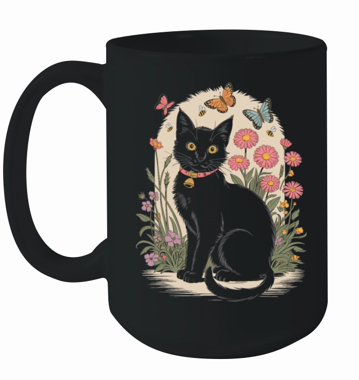 Cottagecore Black Cat with Butterflies and Flowers Ceramic Mug