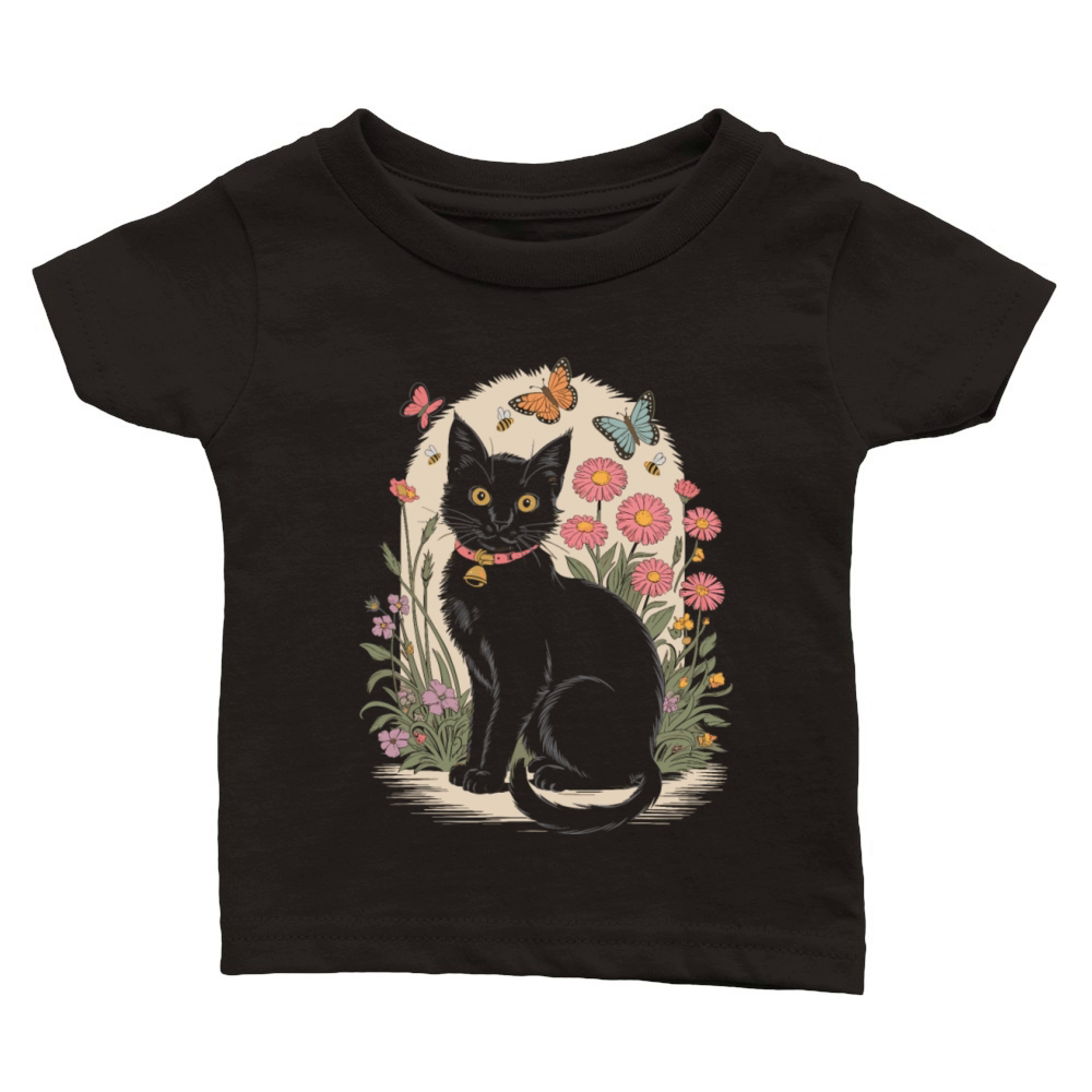 Cottagecore Black Cat with Butterflies and Flowers Classic Baby Crewneck T-shirt