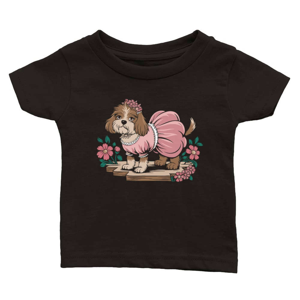 Cottagecore Dog in Pink Dress with Flowers Classic Baby Crewneck T-shirt