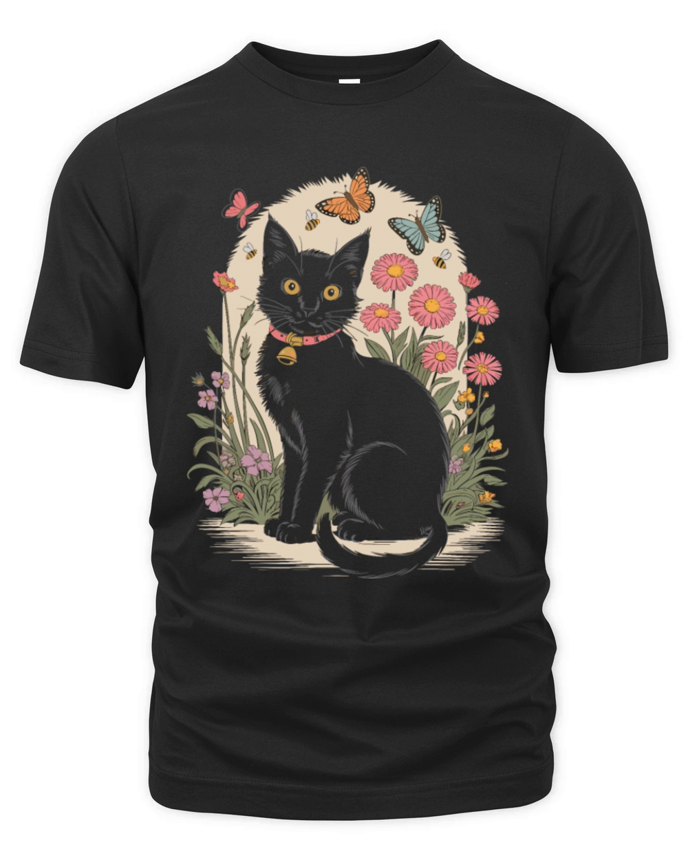 Cottagecore Black Cat with Butterflies and Flowers Organic Unisex T-shirt