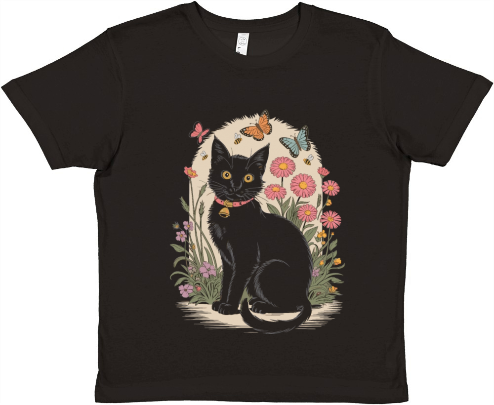Cottagecore Black Cat with Butterflies and Flowers Premium Kids Crewneck T-shirt