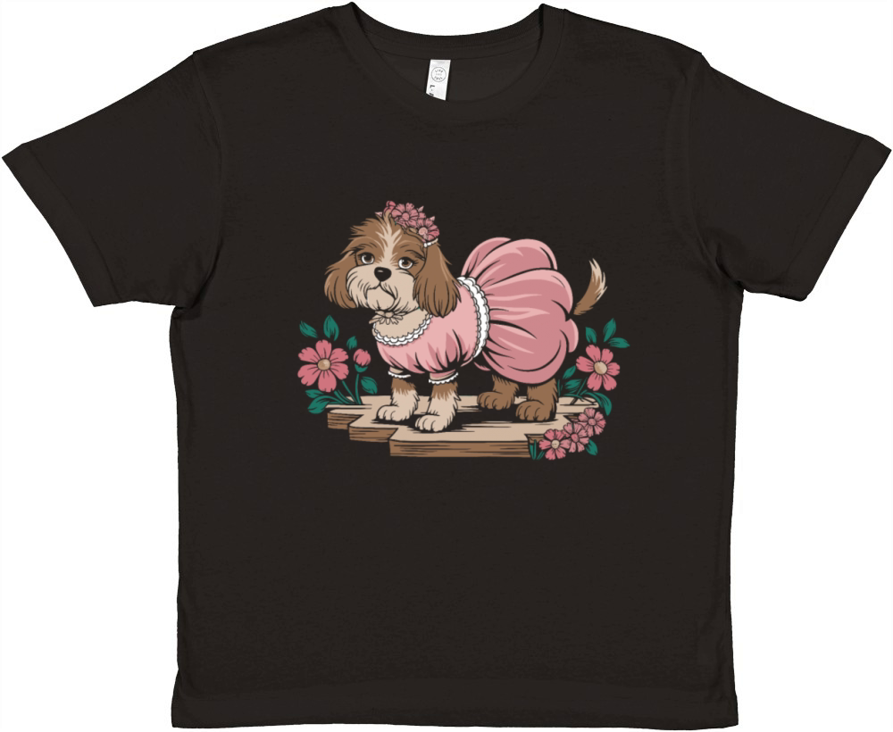 Cottagecore Dog in Pink Dress with Flowers Premium Kids Crewneck T-shirt