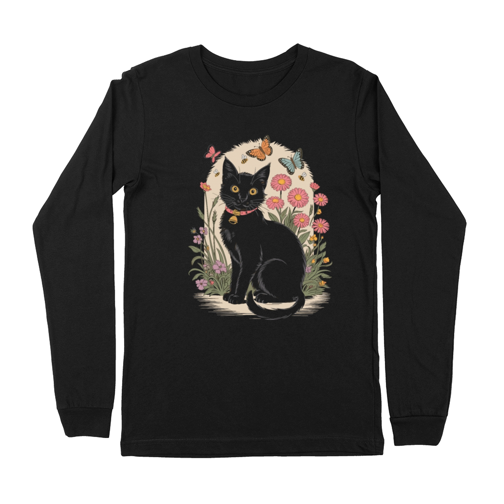 Cottagecore Black Cat with Butterflies and Flowers Premium Long Sleeve