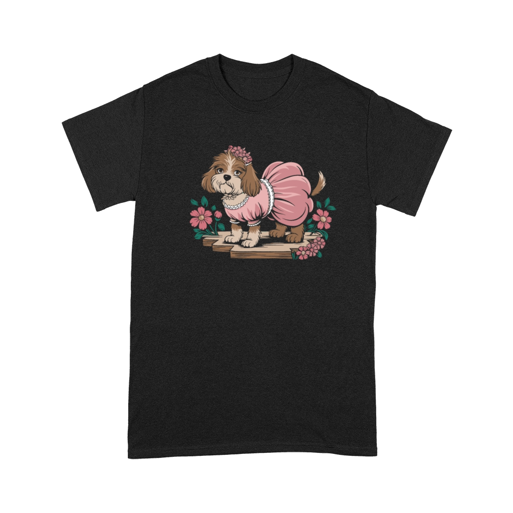 Cottagecore Dog in Pink Dress with Flowers Premium T-shirt