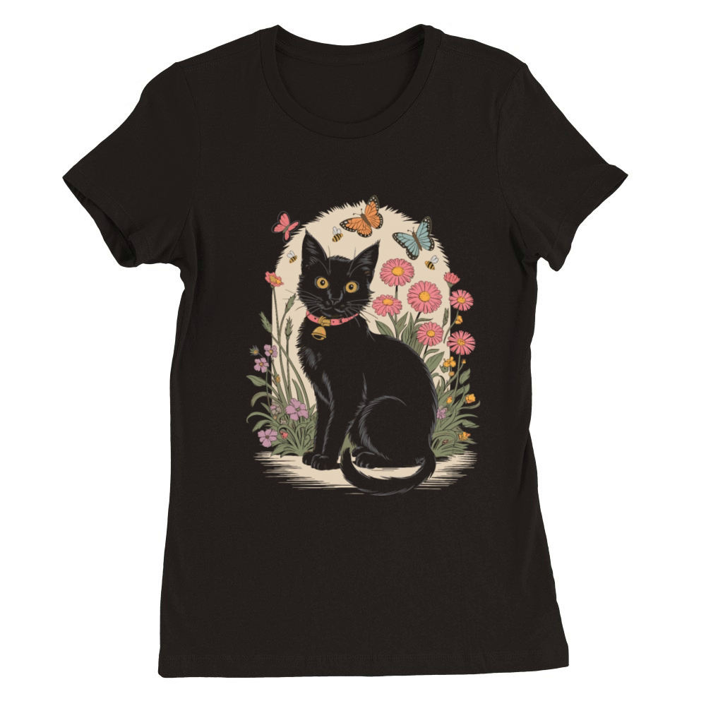 Cottagecore Black Cat with Butterflies and Flowers Premium Womens Crewneck T-shirt