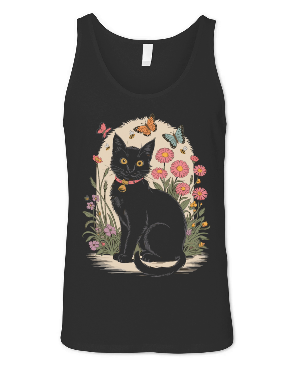 Cottagecore Black Cat with Butterflies and Flowers Unisex Jersey Tank