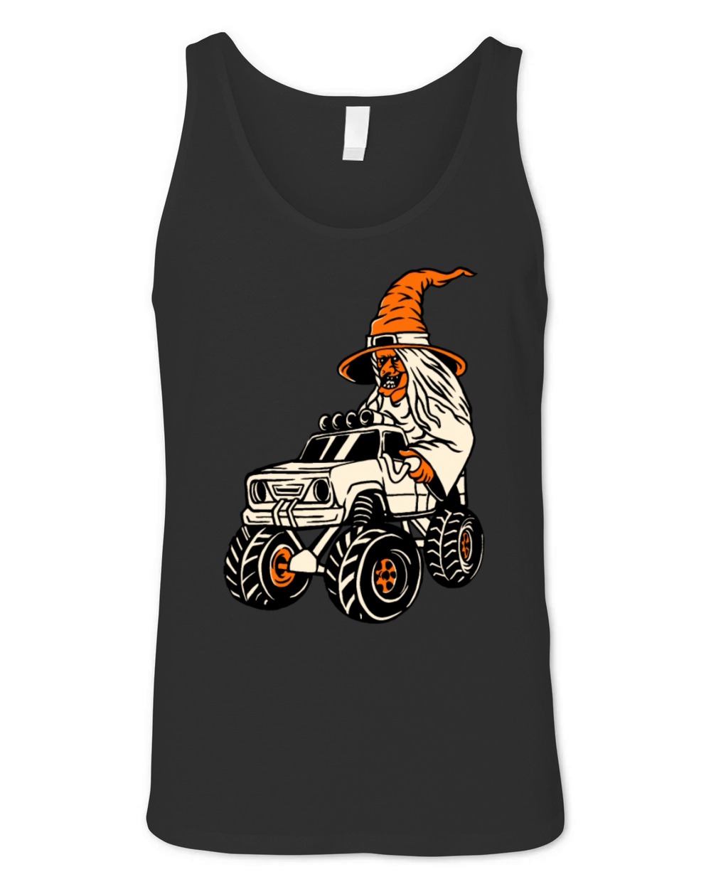 Vintage Halloween Witch Driving a Monster Hot Rod Unisex Jersey Tank