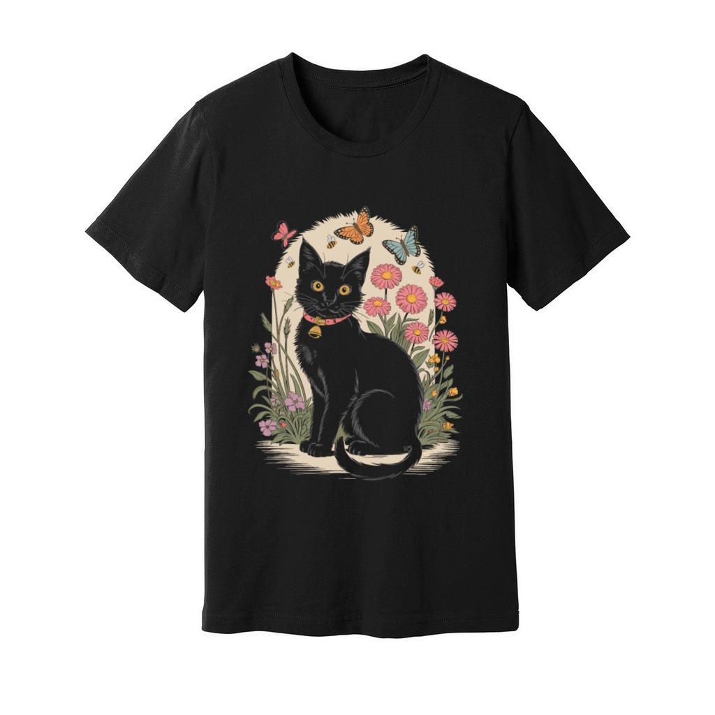Cottagecore Black Cat with Butterflies and Flowers Unisex Jersey Tee