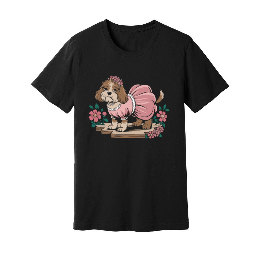 Cottagecore Dog in Pink Dress with Flowers Unisex Jersey Tee