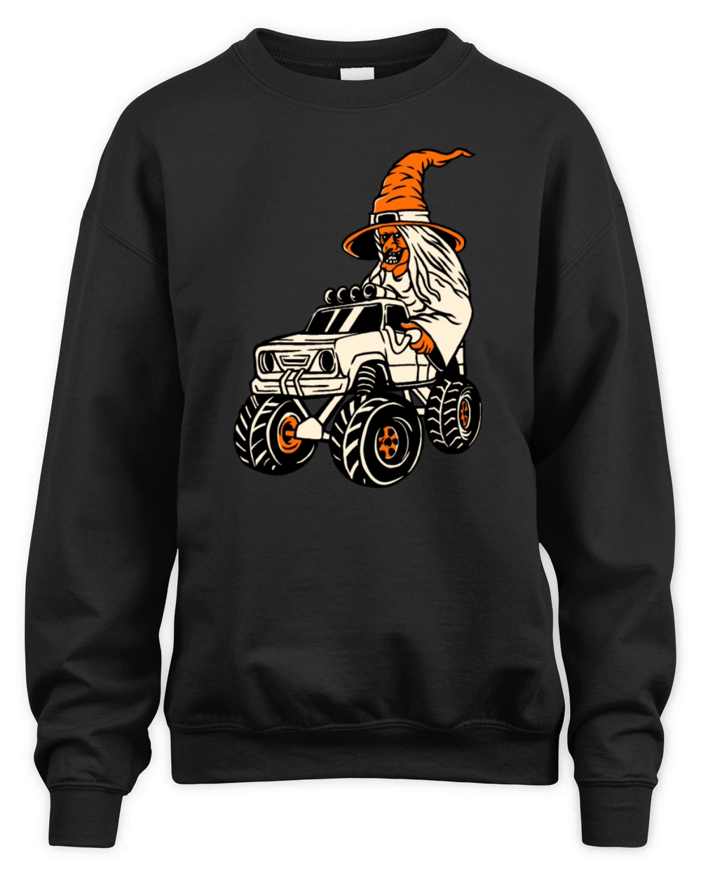 Vintage Halloween Witch Driving a Monster Hot Rod Unisex Premium Crewneck Sweatshirt