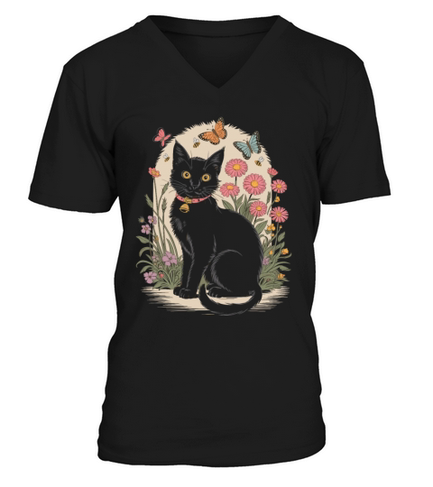 Cottagecore Black Cat with Butterflies and Flowers V-Neck T-shirt