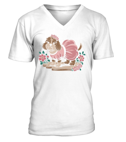 Cottagecore Dog in Pink Dress with Flowers V-Neck T-shirt
