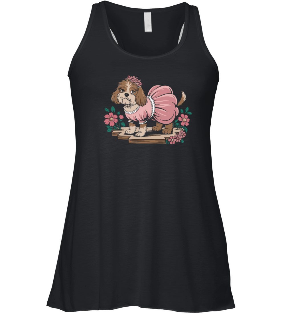 Cottagecore Dog in Pink Dress with Flowers Women's Flowy Tank Top